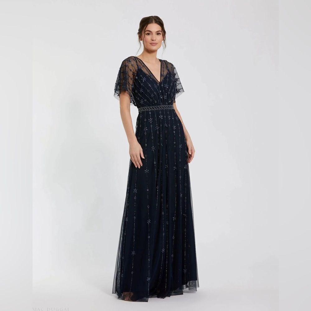Mac Duggal 9223 Navy V Neck Embellished Flutter Sleeve A Line Gown - Picture 2 of 13